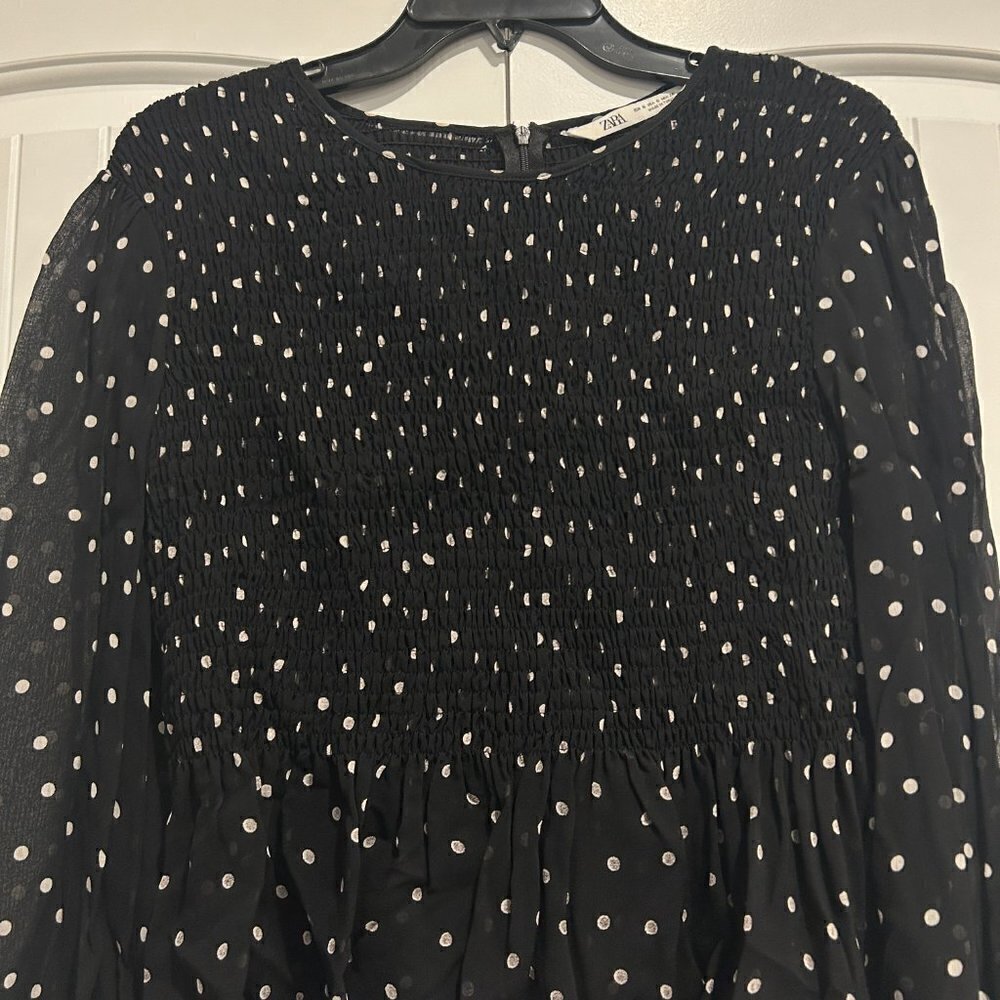 Zara Black and White Polka Dot Smocked Peplum Mesh Blouse Women’s Size Small - Picture 9 of 12